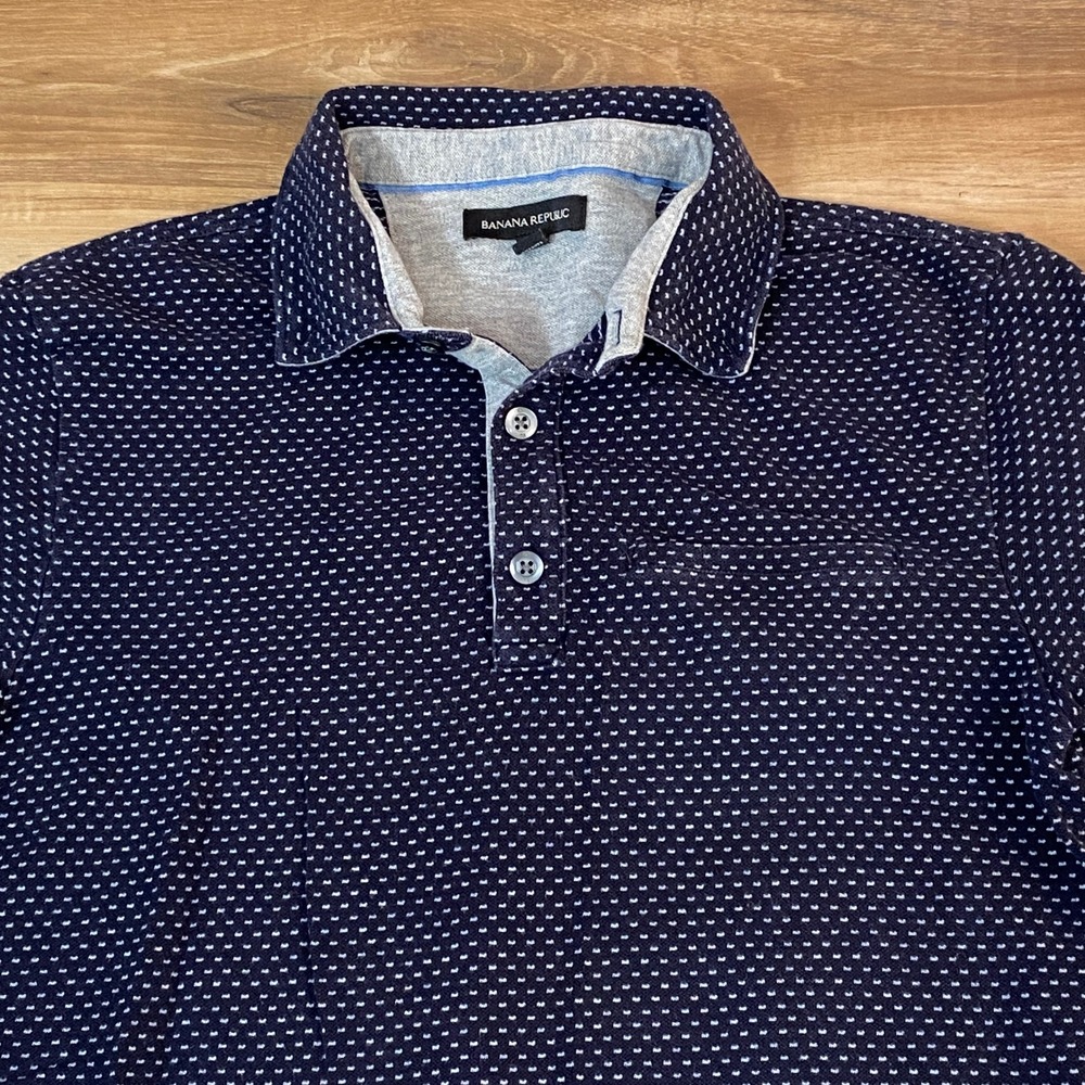 Banana Republic Polo Shirt Mens Small Navy White Dot Print Short Sleeve Size S
